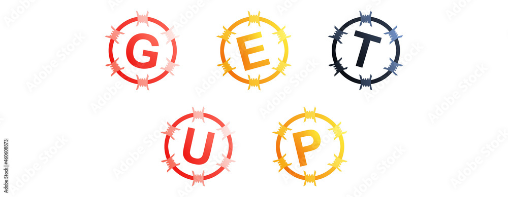 Get Up - text written in colorful circles on white background Get Up - text written in colorful circles on white background