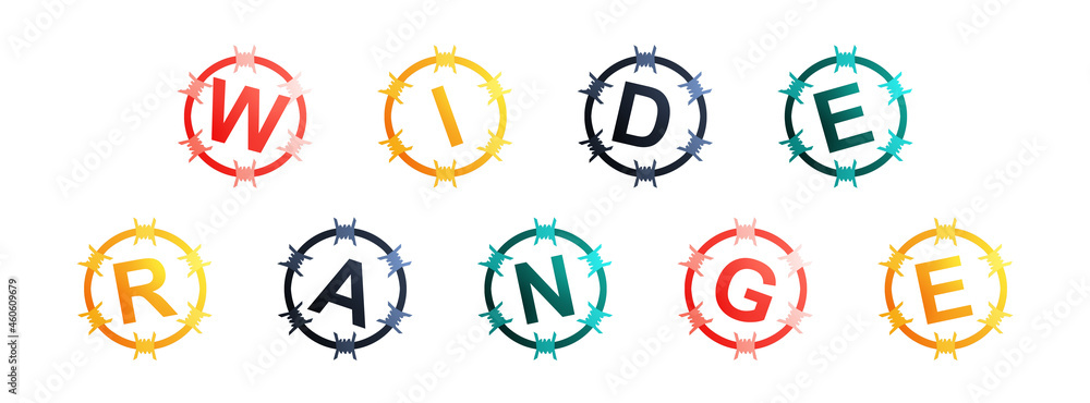 Wide Range - text written in colorful circles on white background Wide Range - text written in colorful circles on white background