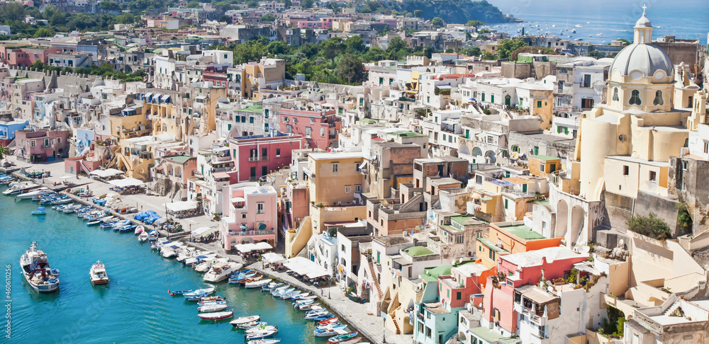 Procida panoramic view, Italy. The mediterranean Italian island close to Naples in a summer day.
