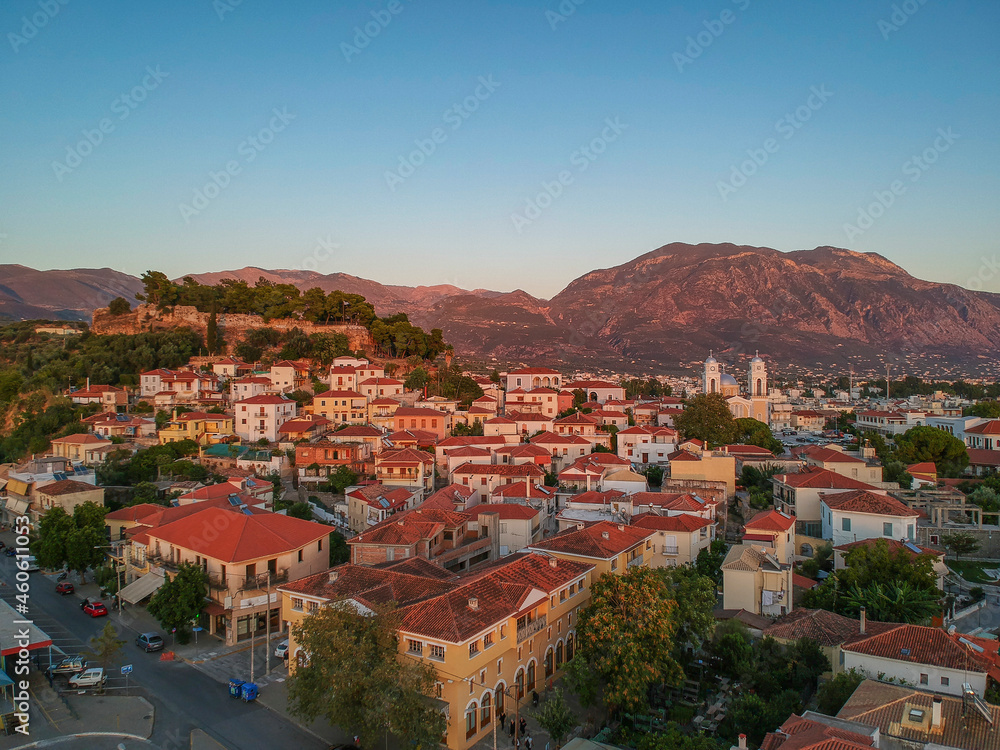 Aerial view around the castle hill area and the Metropolitan church of Ypapanti in the old historical town of the seaside Kalamata city, Greece