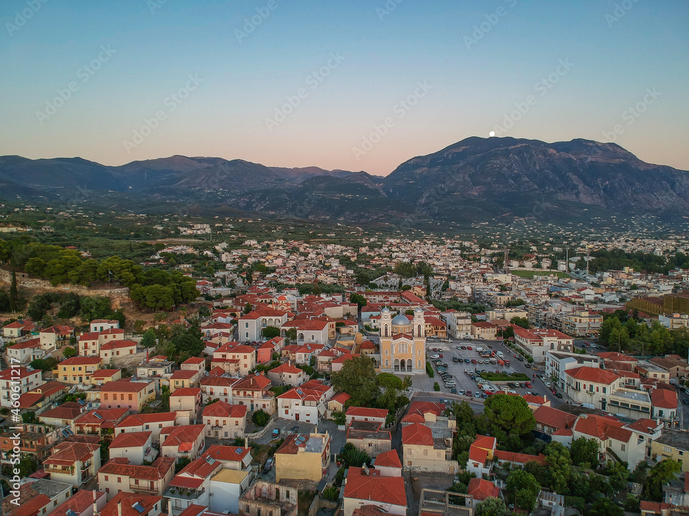 Aerial view around the castle hill area and the Metropolitan church of Ypapanti in the old historical town of the seaside Kalamata city, Greece