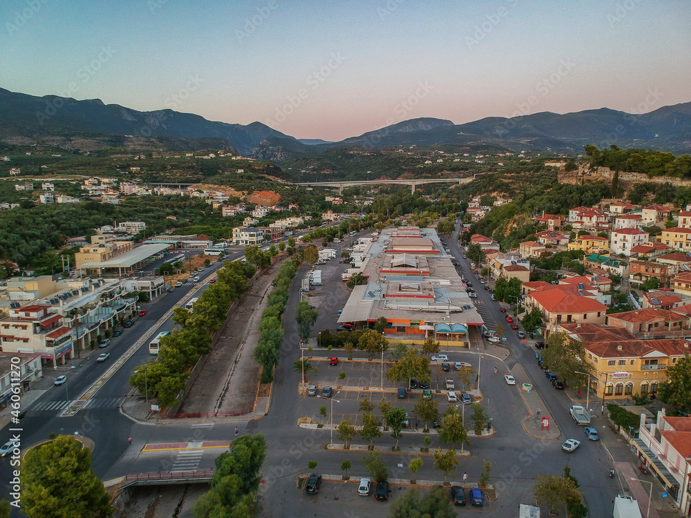 Fototapeta premium Aerial view around the old historical town of the seaside Kalamata city, Greece