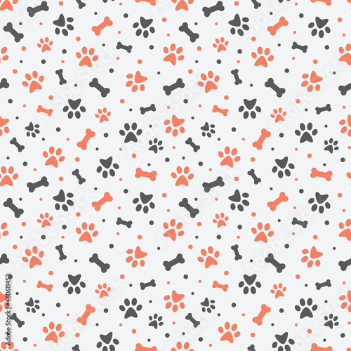 Dog paw print colorful seamless pattern. Pets cute pattern with bones.