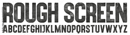 Rough Screen Print Texture Font. Bold Condensed Display Font with a detailed rough rolled ink, halftone screen texture. Suitable for larger font sizes.