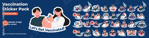 Coronavirus vaccination, doctor injecting a patient, getting first shot of covid vaccine in arm muscle. Process of immunization against covid-19. Vector illustration, sticker pack, flat design