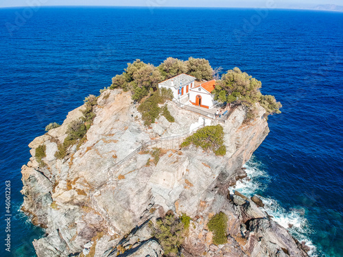 Aerial view of the famous small church Agios Ioannis in Skopelos where scenes of Mamma Mia were filmed. Its located in the region of Kastri, about 7km east of Glossa, northern Skopelos Sporades Greece