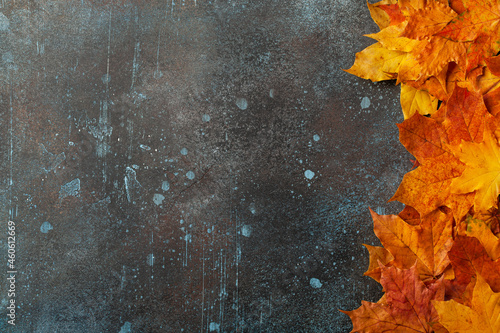 Autumn background with fall maple leaves on rusted metallic surface