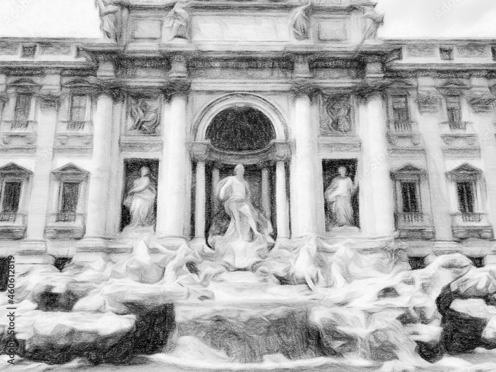 Black and white digital drawing of a glimpse of the fountain in Rome