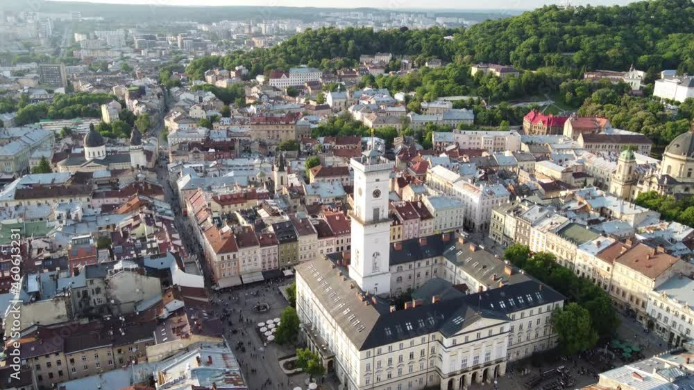 Aerial view of the city hall in the center of a European city. The center of the ancient town of Europe Aerial view of the city hall in the center of a European city. The center of the ancient town of Europe