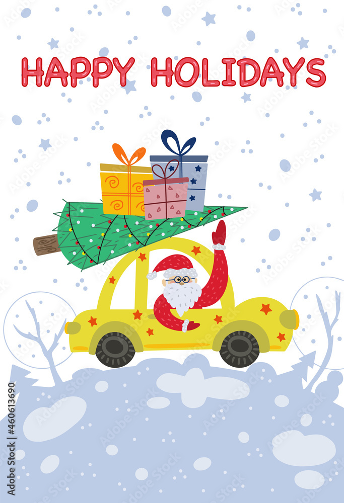 Funny Santa Claus is driving a car with Christmas tree and gifts on the top on Christmas landscape. Merry Christmas vector illustration Funny Santa Claus is driving a car with Christmas tree and gifts on the top on Christmas landscape. Merry Christmas vector illustration