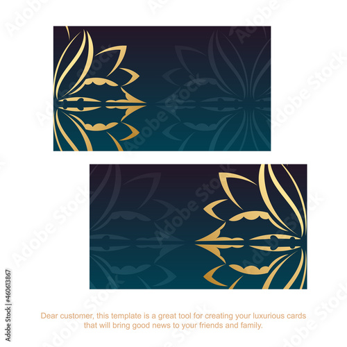 Gradient blue business card with Greek gold ornaments for your personality.