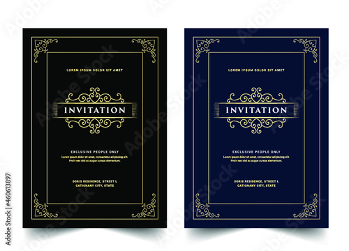 Black white and gold Vintage royal and luxury set of invitation card for wedding anniversary birthday party celebration floral swirl ornamental decorative vector printable template 