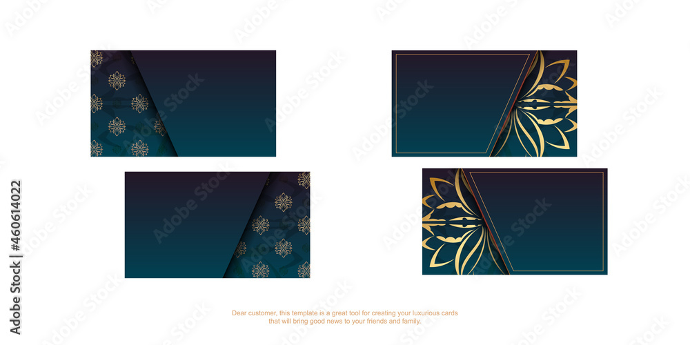 Blue gradient business card with Indian gold pattern for your business.