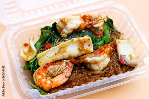 Spicy stir fried vermicelli with holy basil leaves and sea food