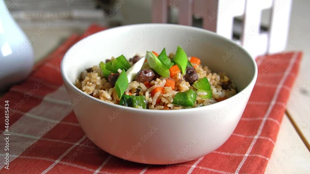 authentic delicious Japanese fried rice with steak bits authentic delicious Japanese fried rice with steak bits