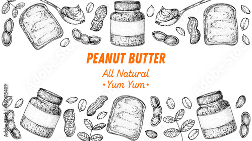 Peanuts and ingredient for peanut butter sketch. Hand drawn vector illustration. Design template. Vegan food