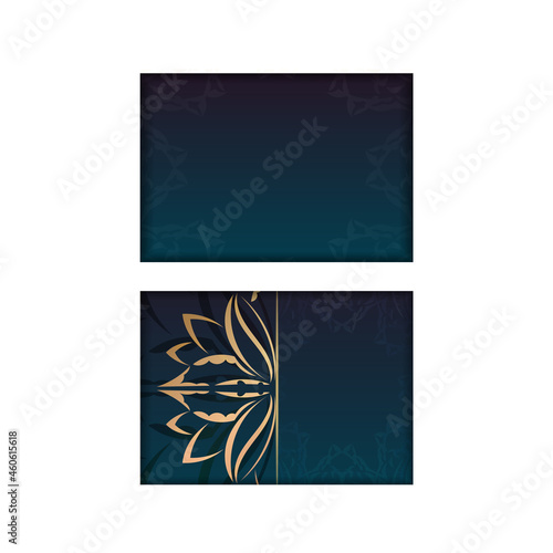 Greeting Flyer template with gradient blue color with vintage gold ornaments prepared for printing.