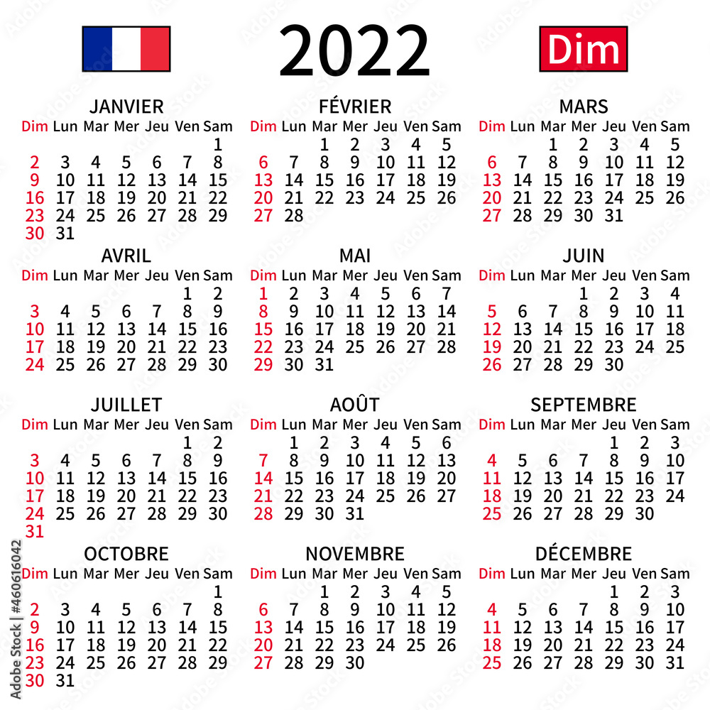 2022 year calendar. Simple, clear and big. French language. Week starts on Sunday. Sunday highlighted. No holidays. Vector illustration. EPS 8, no gradients, no transparency