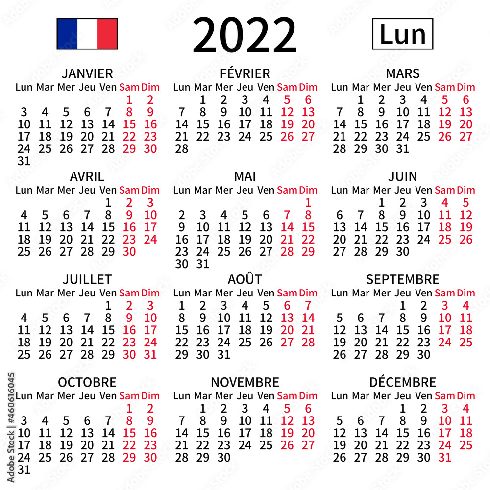 2022 year calendar. Simple, clear and big. French language. Week starts on Monday. Saturday and Sunday highlighted. No holidays. Vector illustration. EPS 8, no gradients, no transparency