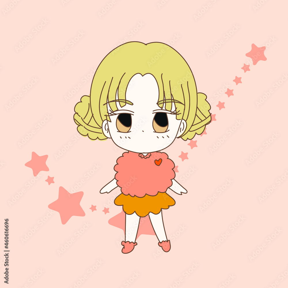 Obraz premium Cute girl in fluffy clothes with bun hair on the star zodiac sign Aries background. Hand drawn illustration.