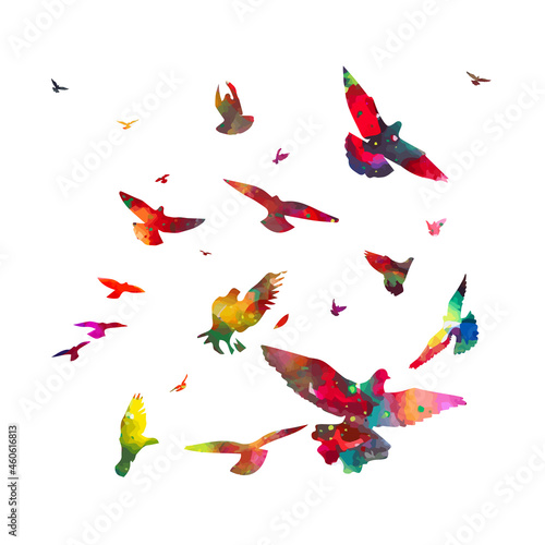 Colorful flying birds. Birds migrating to the south. Vector illustration