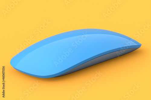 Realistic blue wireless computer mouse with touch isolated on orange background.