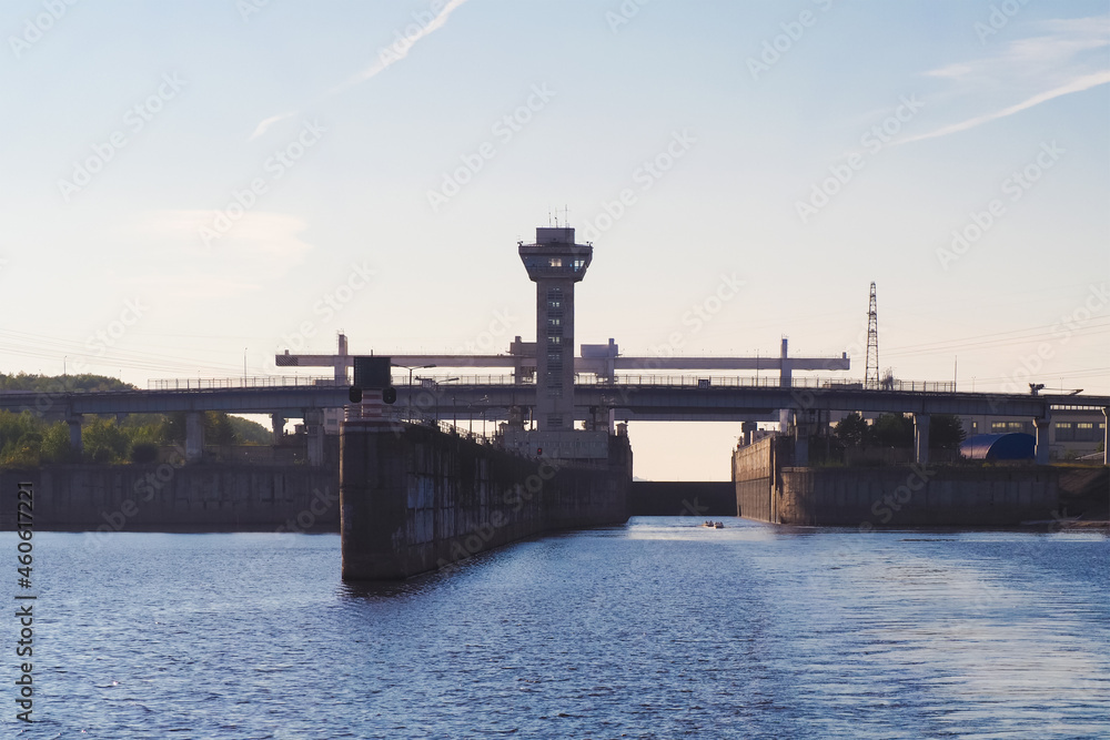 Nizhnekamsk hydroelectric power station on the Kama river in Tatarstan, near the city of Naberezhnye Chelny. Locks for the passage of ships on the river