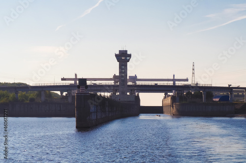 Nizhnekamsk hydroelectric power station on the Kama river in Tatarstan, near the city of Naberezhnye Chelny. Locks for the passage of ships on the river photo
