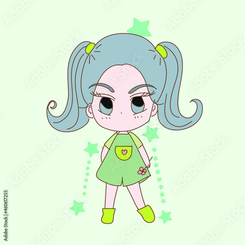 Cute girl in dungaree with twin tails hair style with flower in hand on the star zodiac sign Taurus background. Hand drawn illustration.