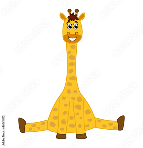 Beautiful and cute yellow smiling giraffe sitting on the ground in white background