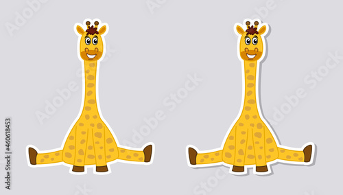 Beautiful and cute giraffe smiling and sitting for sticker on gray background 