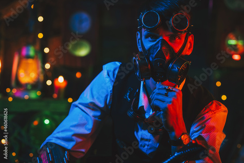 man in a cyberpunk suit with a gas mask and glasses