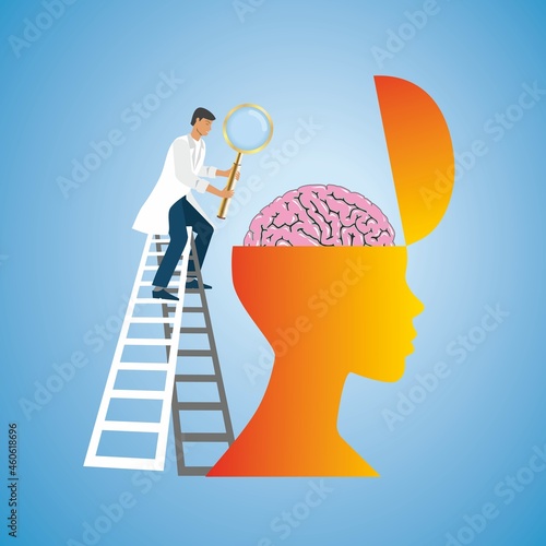 Man examine brain with magnifying glass. Vector illustration. Square composition. EPS10.
