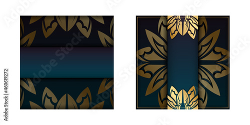 Brochure template with gradient blue color with mandala gold ornament prepared for printing.