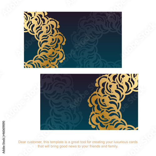Business card with gradient blue color with vintage gold pattern for your contacts.