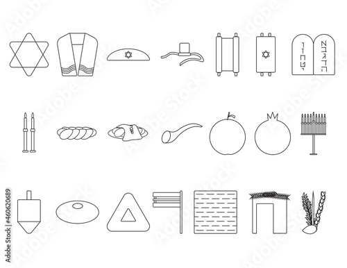Set of Black line art Jewish icon on White background