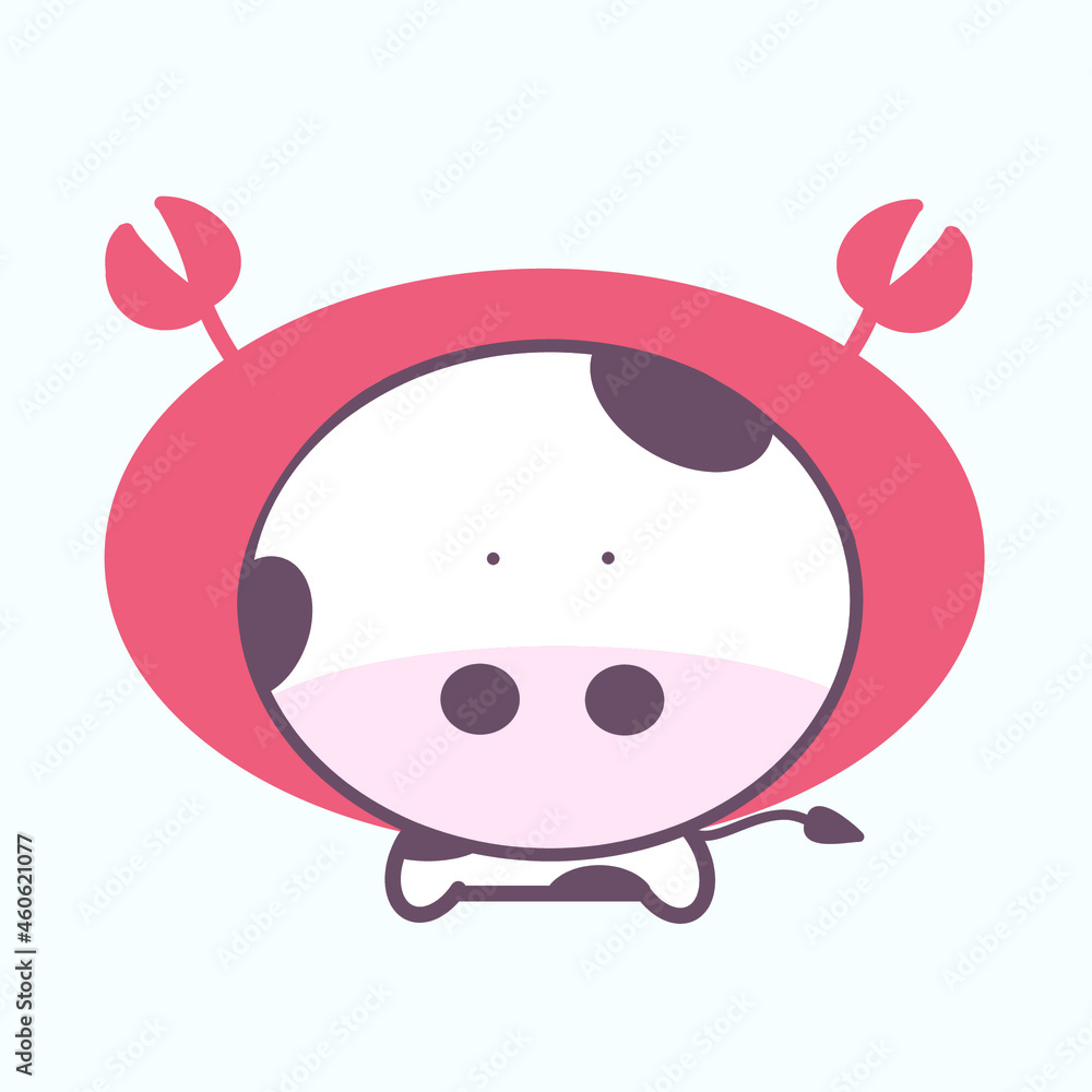 Cute ox with red hat, looks like ox in crab costume cartoon character vector isolated on white background. Hand drawn illustration. Cancer zodiac in ox year. Cute ox with red hat, looks like ox in crab costume cartoon character vector isolated on white background. Hand drawn illustration. Cancer zodiac in ox year.