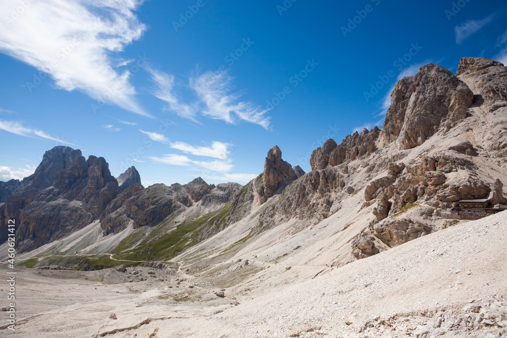 Dolomites landscape, trekking path to Passo Principe refuge Dolomites landscape, trekking path to Passo Principe refuge