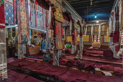 LHASA, TIBET, CHINA - AUGUST, 17 2018: Interiors of the Ani Sangkhung Nunnery. The Ani Sangkhung Nunnery is one of the oldest active nunneries in Tibet.  © LAURA