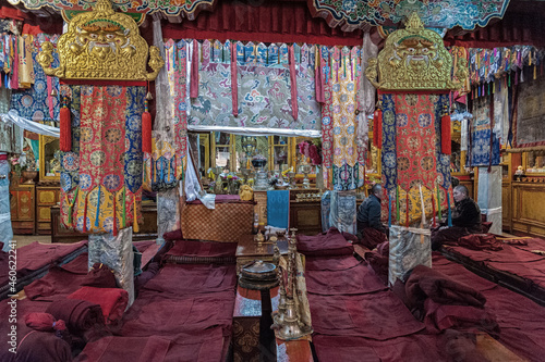 LHASA, TIBET, CHINA - AUGUST, 17 2018: Interiors of the Ani Sangkhung Nunnery. The Ani Sangkhung Nunnery is one of the oldest active nunneries in Tibet. 