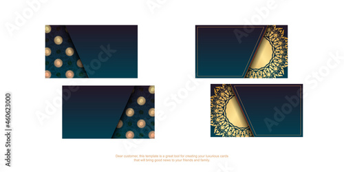Visiting business card with gradient blue color with mandala gold pattern for your personality.