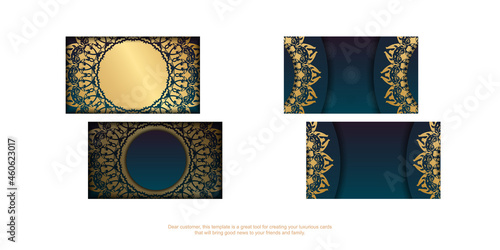 Visiting business card with gradient blue color with mandala gold ornament for your contacts.