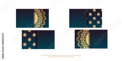 Visiting business card with gradient blue color with abstract gold pattern for your contacts.
