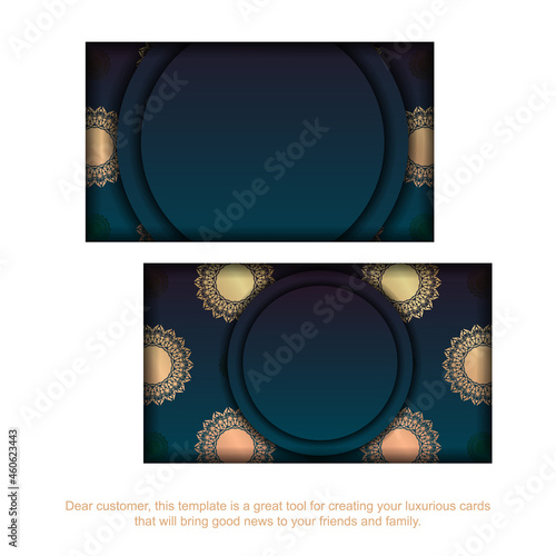 Business card with gradient blue color with abstract gold ornament for your personality.