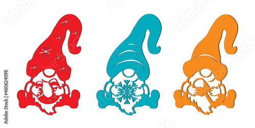 Vector stencil of three seated gnomes. Window decoration, gnome vytykanka.