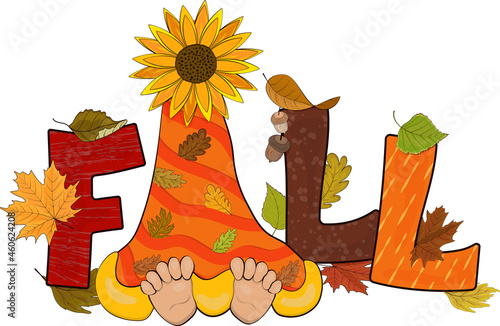 Autumn illustration with the word Fall. Dwarf hid under the sunflower hat