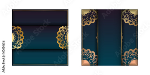 Gradient blue gradient flyer template with Indian gold pattern prepared for typography.