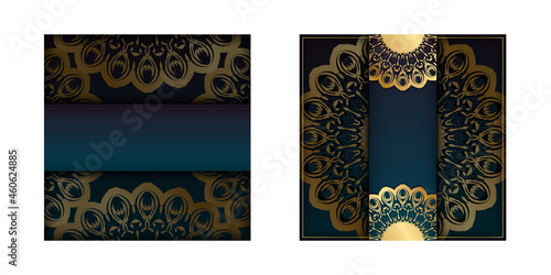 Greeting card template with gradient blue color with luxurious gold pattern prepared for printing.