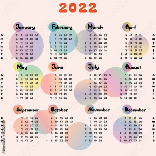 2022 calendar design with bold font. Bright and jolly vector calendar with decoration elements, all months in one page illustration. The order of days in a week like in the US