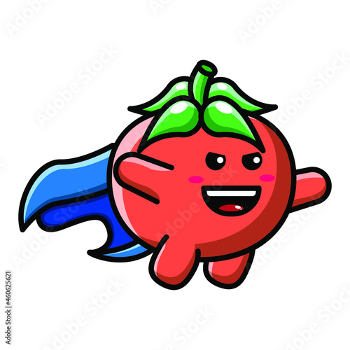 cute tomato superhero character icon illustration vector graphic